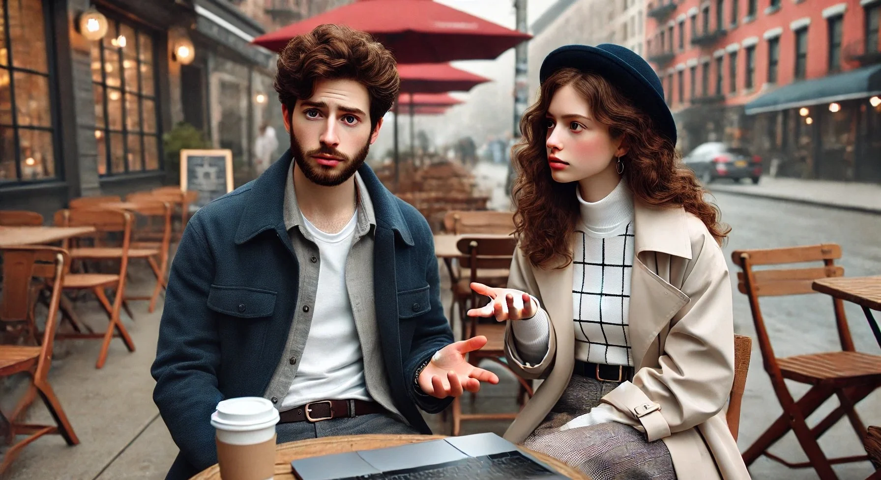 couple sitting in cafe on speed dating party, while man working laptop and woman is boring