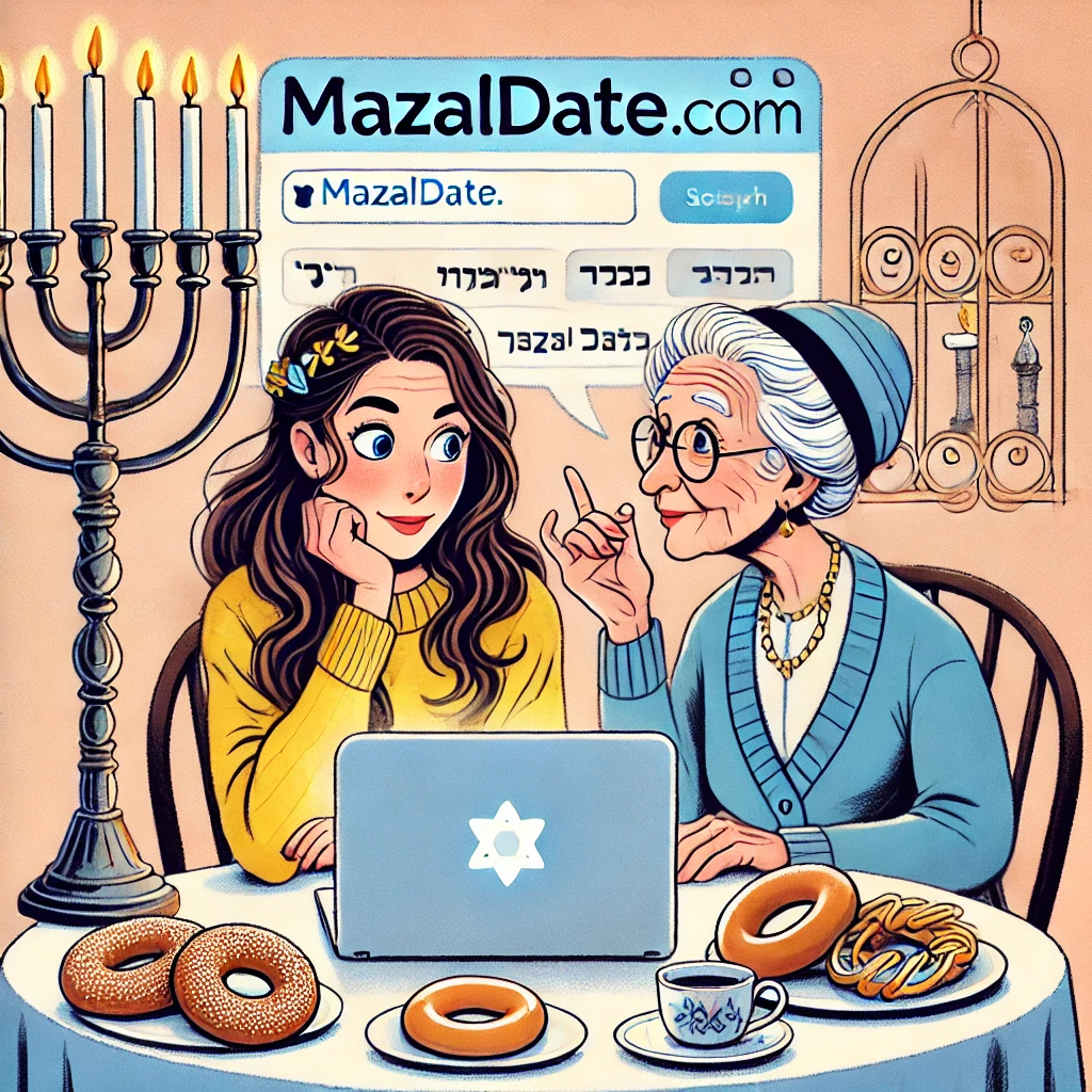 A young Jewish woman at a cafe looking at a dating site on her laptop, with her grandmother giving advice,
